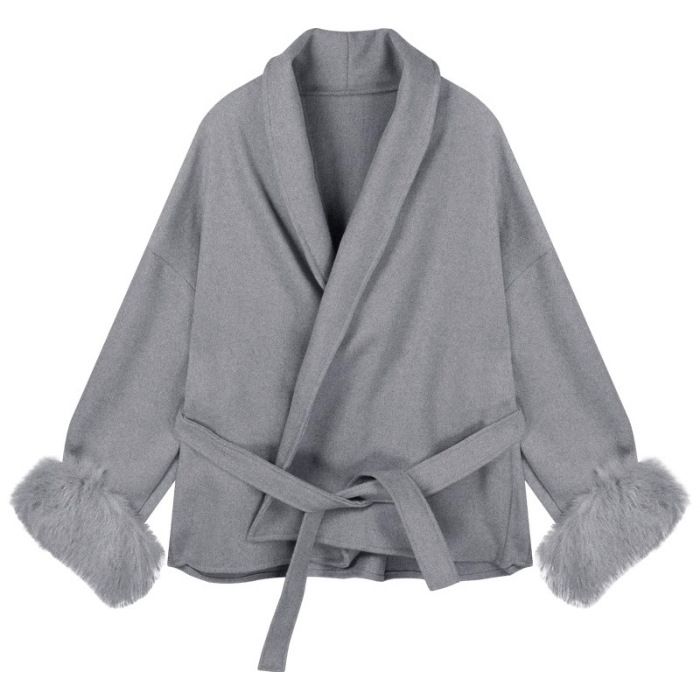 Women's Belted Wool-Blend Coat – Oversized Trench With Fluffy Sleeve Cuffs (S-XL) – Minimalist Office-to-Outerwear – Grey/Beige_voghion.com