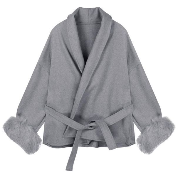 Women's Belted Wool-Blend Coat – Oversized Trench With Fluffy Sleeve Cuffs (S-XL) – Minimalist Office-to-Outerwear – Grey/Beige_voghion.com