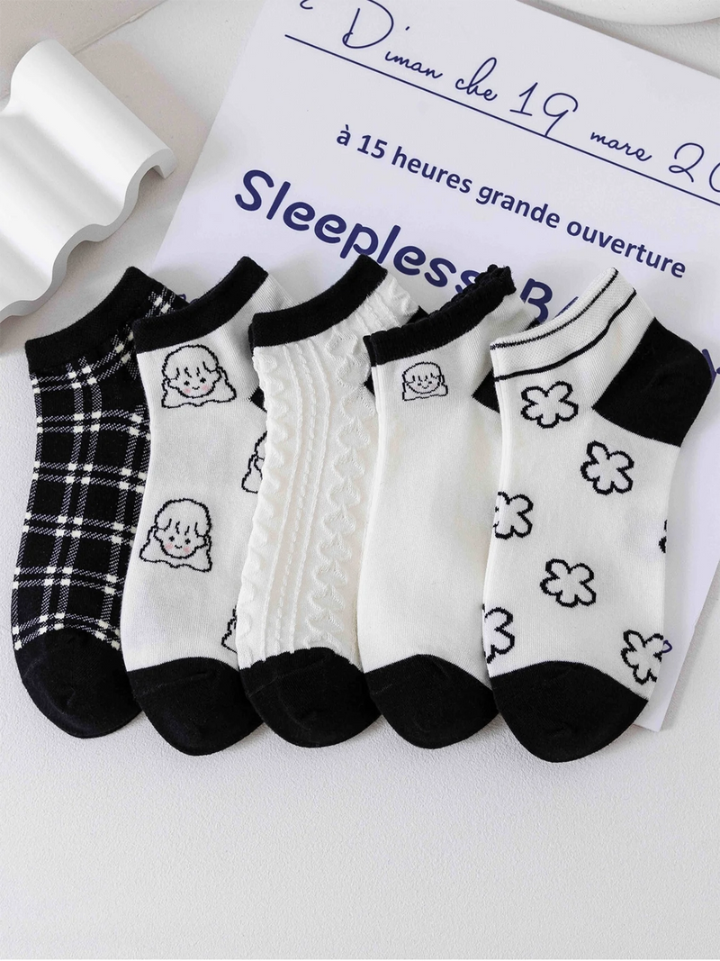 5 Paar Damen-Socken, niedliches Mädchen, niedrige Röhre, in Schwarz und Weiß, modisch, bequem, aus Polyester-Baumwolle, lässiger Stil_voghion.com