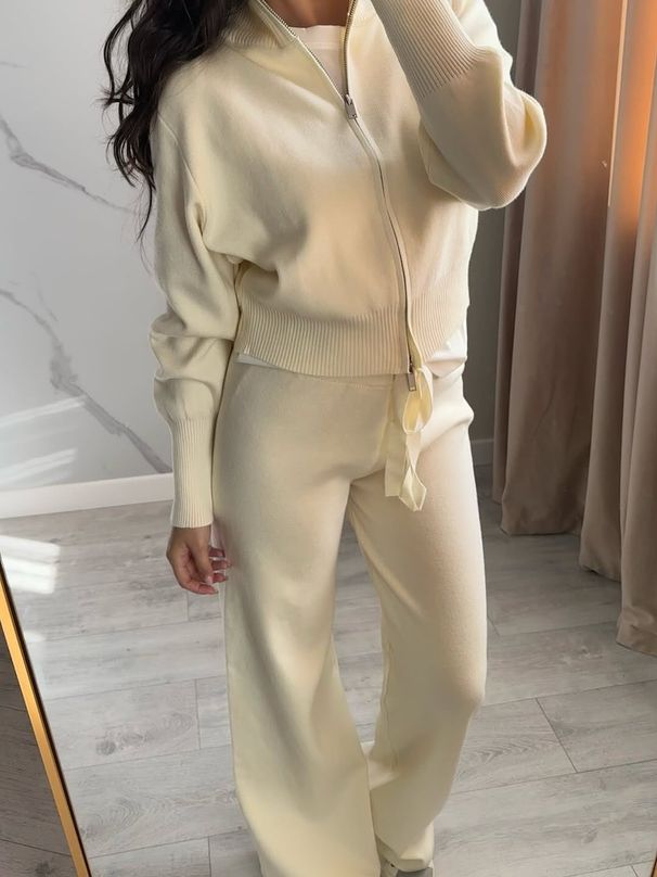 Completo in maglia elegante e raffinato da donna con cardigan e pantaloni con doppia cerniera - Completo in due pezzi tinta unita, morbido e caldo per l'autunno e l'inverno_voghion.com