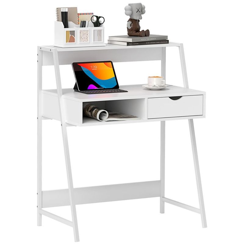 HOMCOM Home Office Desk, Computer Desk For Small Spaces, Study Table With Drawer And Storage Shelves, White_voghion.com