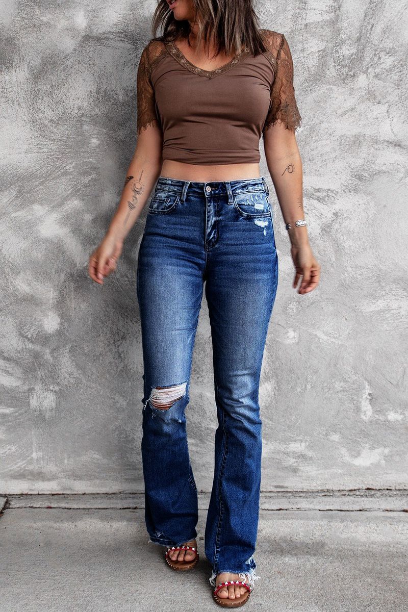 Women's Clothing Autumn And Winter New High Waist Elastic Raw Edge Hole Fashion Bell Bottom Pants Jeans_voghion.com