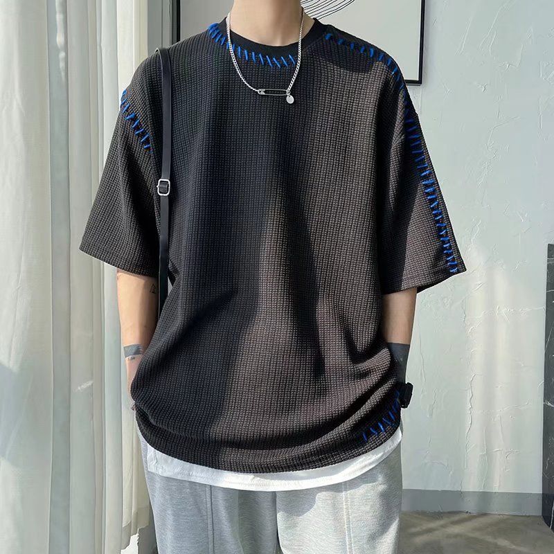 Men's Clothing Irregular Knitted Short Sleeved Design Niche Trendy Personality Loose T Shirt Five Point Sleeve T Shirt Top Clothes_voghion.com