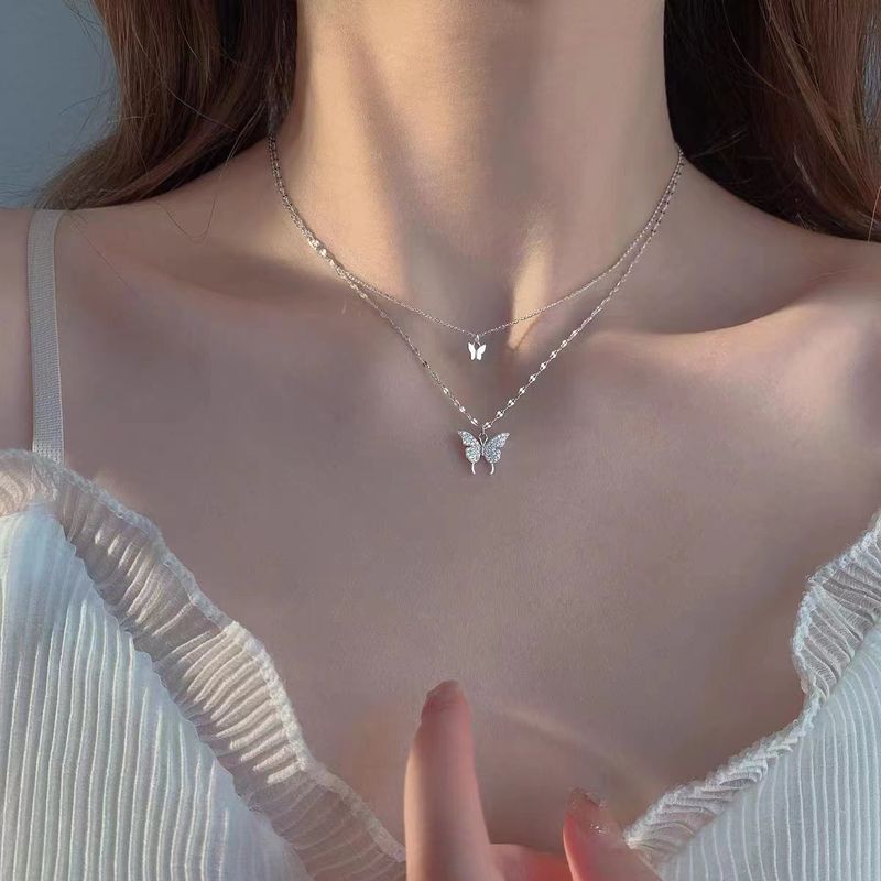 Instagram Cold Wind Butterfly Double Layer Necklace Trendy collarbone Chain Elegant Layered Neckchain Internet Red_voghion.com