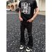 Men's Retro Lace-Up Black Stretch Cargo Jeans - High-Waisted Slim Fit Bootcut Pants For Spring & Summer_voghion.com