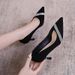 Women's High heels women's new spring and autumn rhinestone French shallow mouth suede pointed toe stiletto single shoes black with dress_voghion.com
