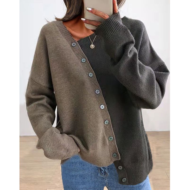 Damenbekleidung, langärmelige Strickoberteile mit kontrastierenden Knöpfen, Pullover für Damen_voghion.com