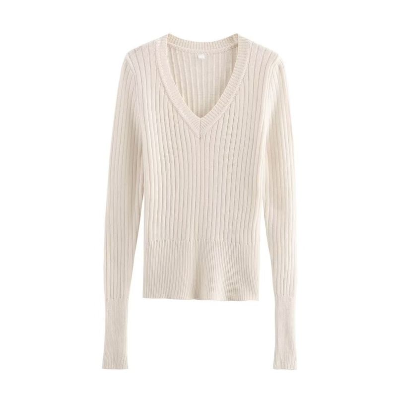 Women's clothing 2024 autumn/winter new street fashion V-neck solid color sweater_voghion.com