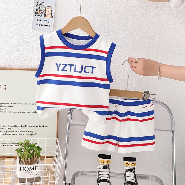 Liten och medelstor sommar randig kostym för pojkar och flickor, ärmlös rund hals, tvådelad linne för barn_voghion.com
