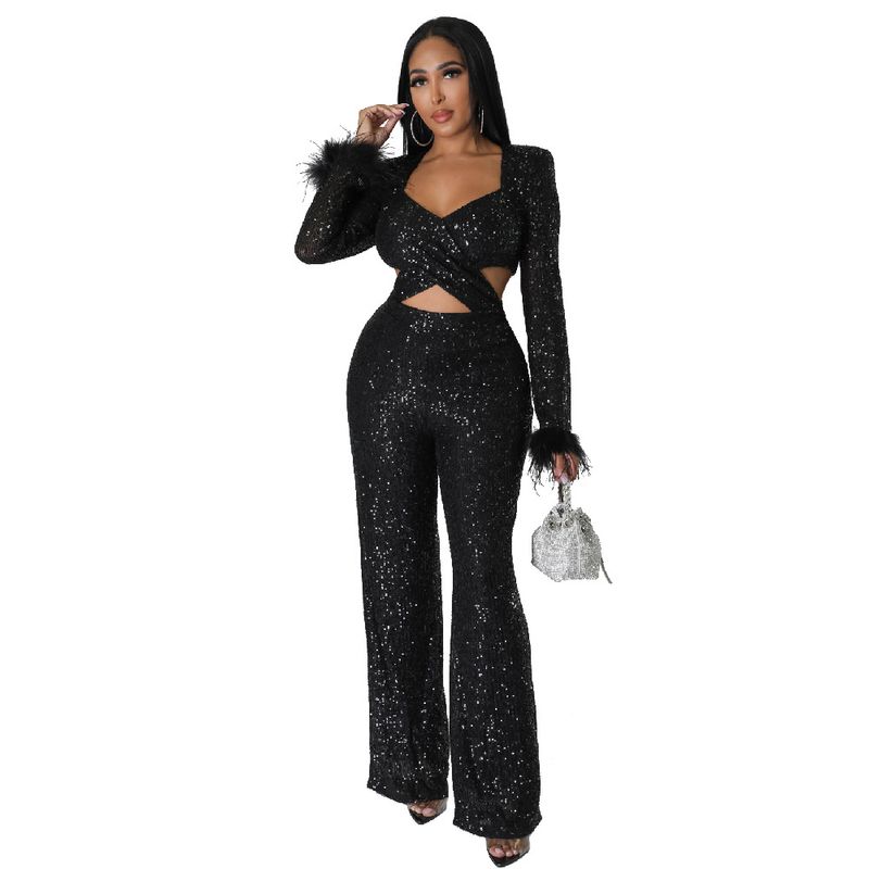  Autumn/Winter New Long Sequin Feather Hollow Fit Long Sleeve Celebrity Party Jumpsuit_voghion.com