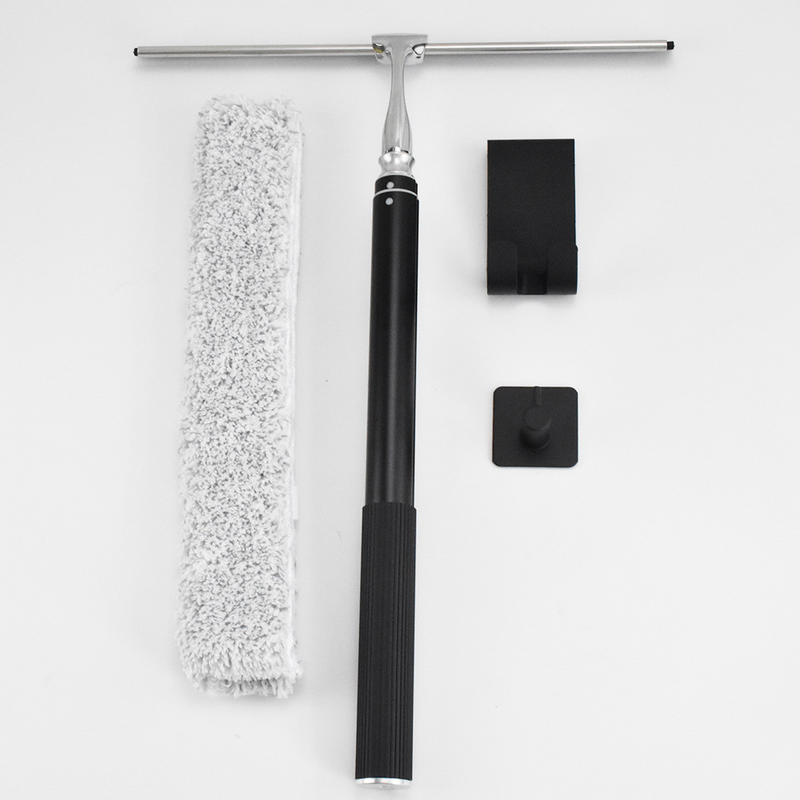Limpiador de ducha con mango largo - Extensible hasta 127 cm para puertas de vidrio, pisos de baldosas y espejos de baño, hoja de 30 cm de ancho, gancho de silicona (negro)_voghion.com