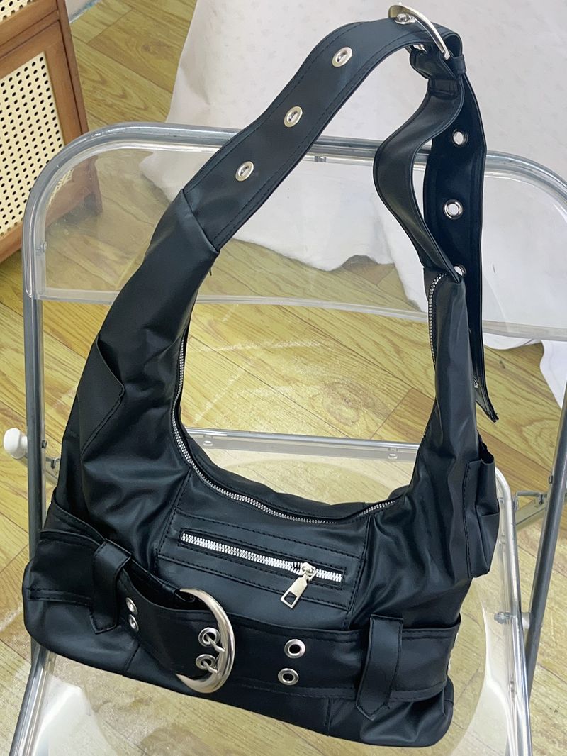 Borsa tote retrò da donna, grande capacità, borsa da ascella nera di alta qualità, borsa a tracolla in stile motociclista, design di nicchia, borsa hobo_voghion.com