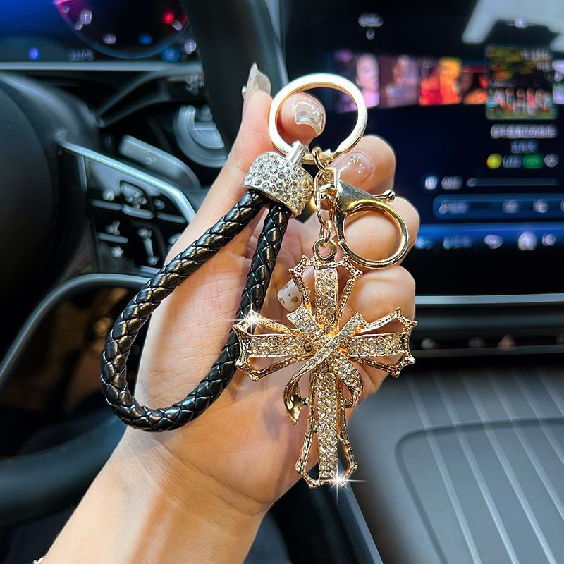 New Creative Leather Rope Alloy Cross Keychain Car Key Pendant Korean Style Personalized Bag Decoration Hanging Chain_voghion.com