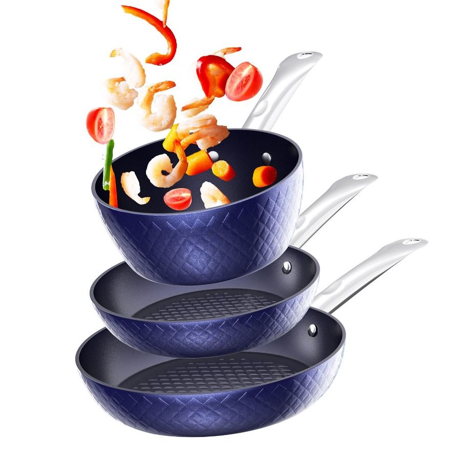 Frying Pan 3Pieces Diamond Cookware 3D Blue Non Stick Sets_voghion.com