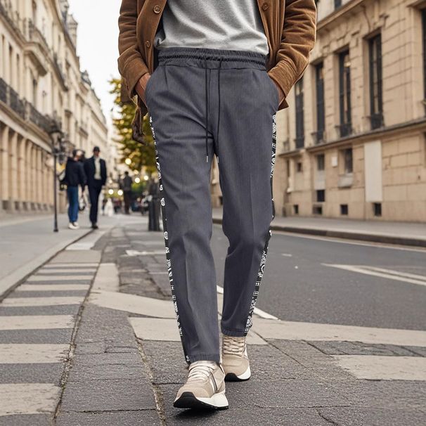 Pantaloni casual da uomo con risvolto e cuciture a fiori di anacardi_voghion.com