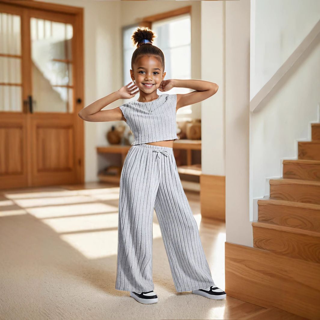 Mother & Kids Girls Summer Ribbed Knitted Fleece Fabric Top Wide Leg Pants Suit_voghion.com