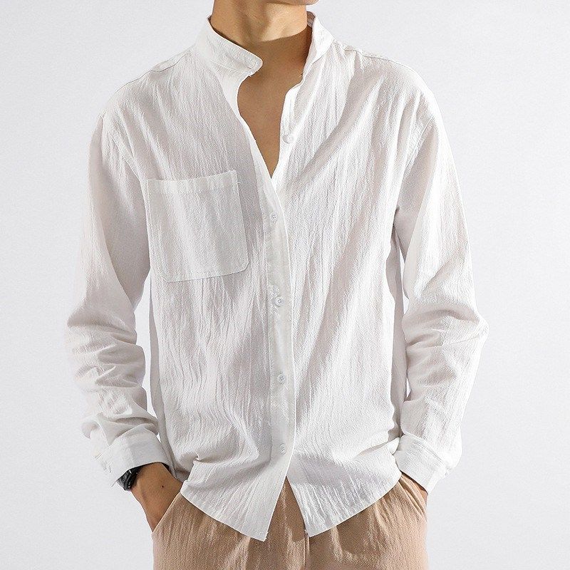 Abbigliamento maschile Camicia da uomo in lino Camicia da uomo a maniche lunghe slim casual sottile tinta unita da lavoro Protezione solare Camicia in cotone e lino_voghion.com