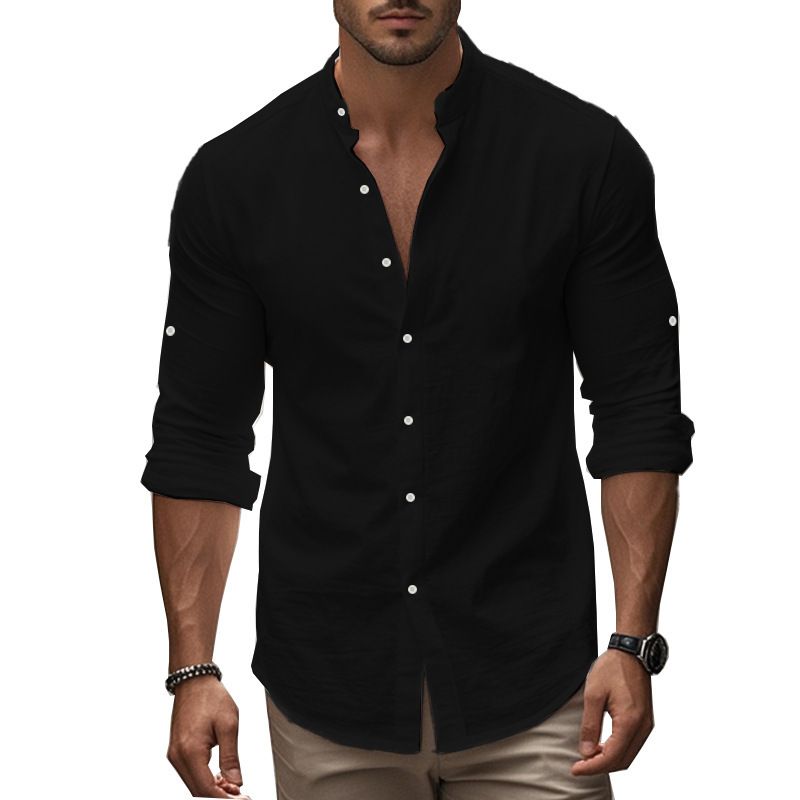 Camicia casual slim fit in cotone con colletto alla coreana, manica lunga, taglie forti, da uomo_voghion.com