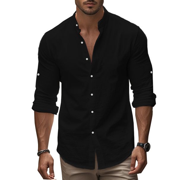 Camicia casual slim fit in cotone con colletto alla coreana, manica lunga, taglie forti, da uomo_voghion.com