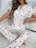 Women's Clothing Home Clothes Cherry Print Short Sleeved Lapel Pajamas Long Pants Two Piece Suit_voghion.com