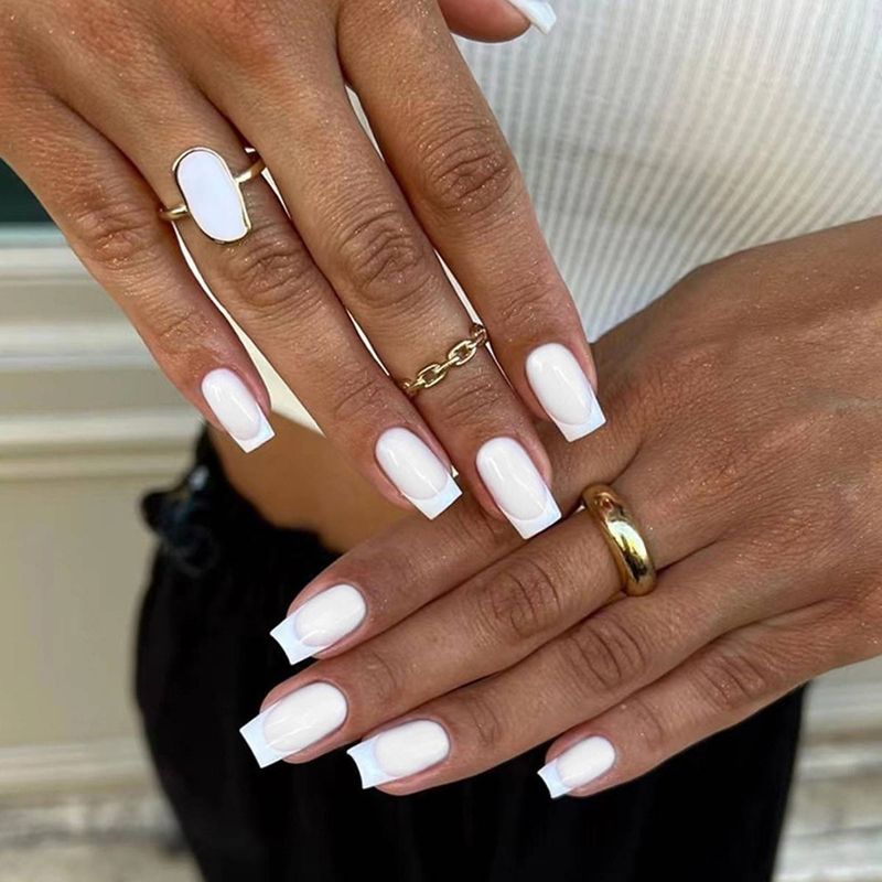 24 pieces of medium and long square nails, simple and pure white French nails, classic and versatile, wear nail art, wear nail&1 eraser and 1 gel_voghion.com