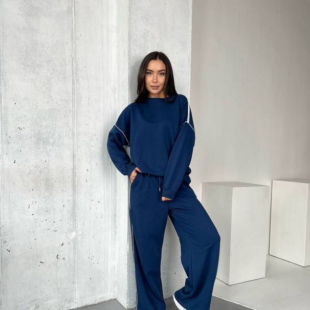 Ensemble décontracté pour femme : pull à manches longues, col rond et pantalon large à rayures (gris/bleu marine/noir)_voghion.com