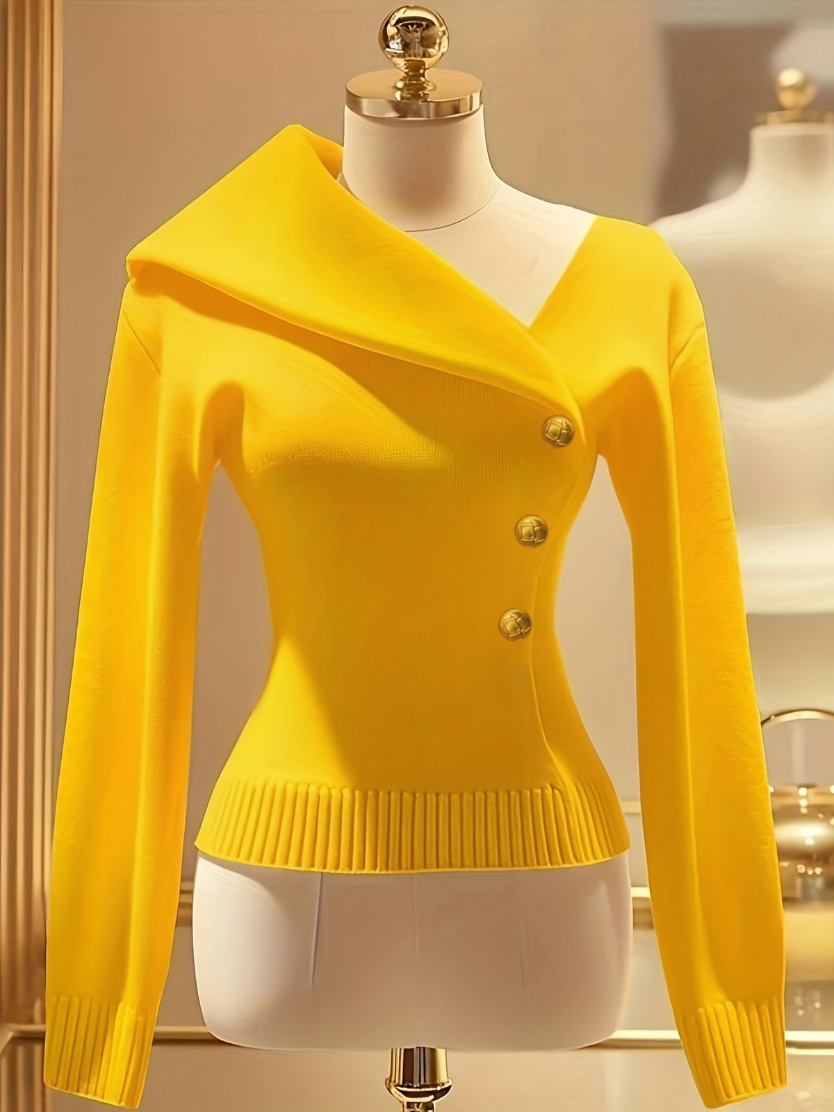 Elegant Asymmetric Collar Knit Sweater For Women - Slim Fit Button Detail Long Sleeve Pullover Top_voghion.com