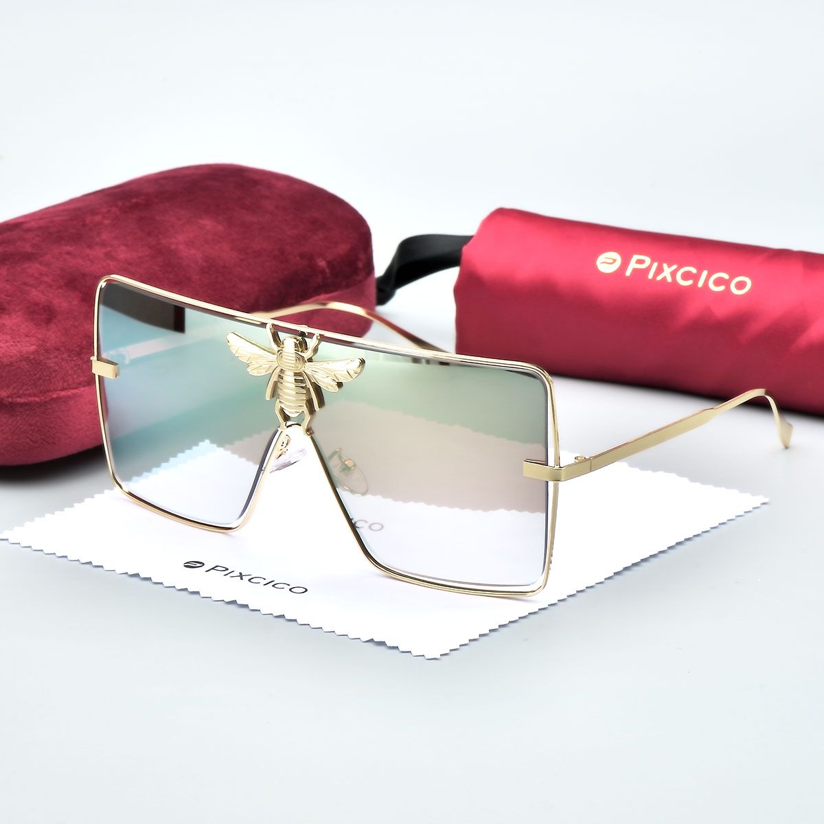 B51008 con custodia floccata rossa occhiali da sole rettangolari Big Bee in metallo UV400_voghion.com