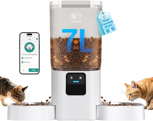 Frienhund Futterautomat Katze 2 Näpfe Mit APP: 7L Futterspender Katze Mit Langsamer Vorschub, 5G WiFi Trockenfutter Automat Für 2 Katzen, WLAN Futte_voghion.com