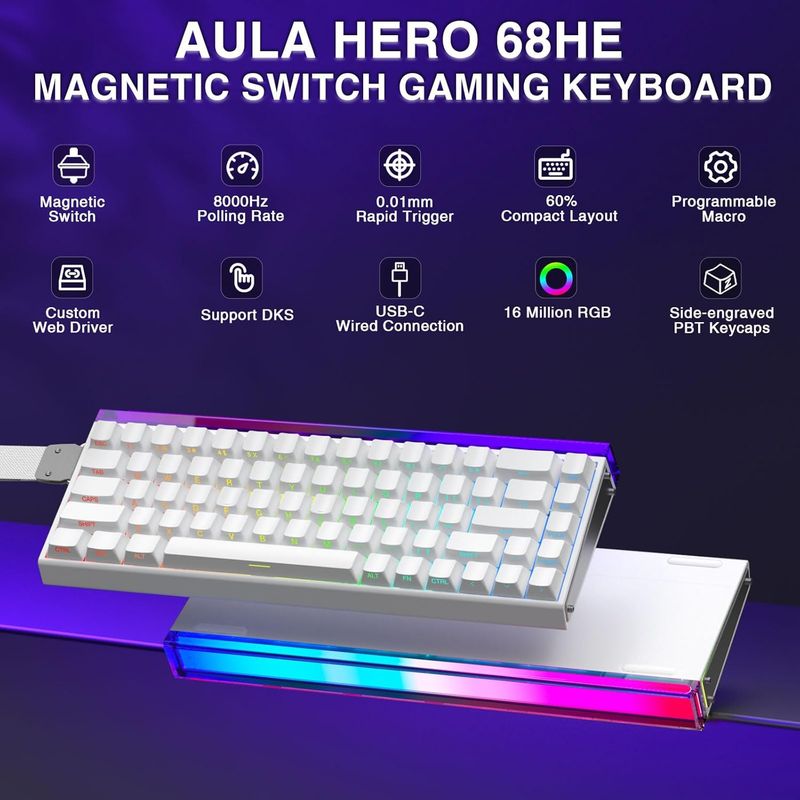 AULA Hero 68 Gaming-Tastatur, mechanisch, Hall-Effekt-Magnetschalter, 0,01 mm einstellbare Betätigung, Rapid Trigger, 8K-Abfragerate, seitlich graviert, 60_voghion.com