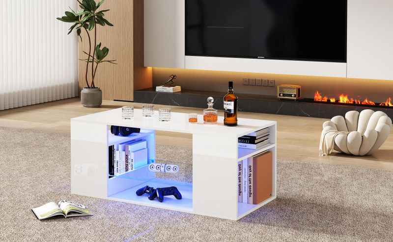 Hochglanz Couchtisch Mit Glas, LED Couchtische, Weiß Kaffeetisch,Mehrere Lagerplätze,96x45x45 Cm_voghion.com