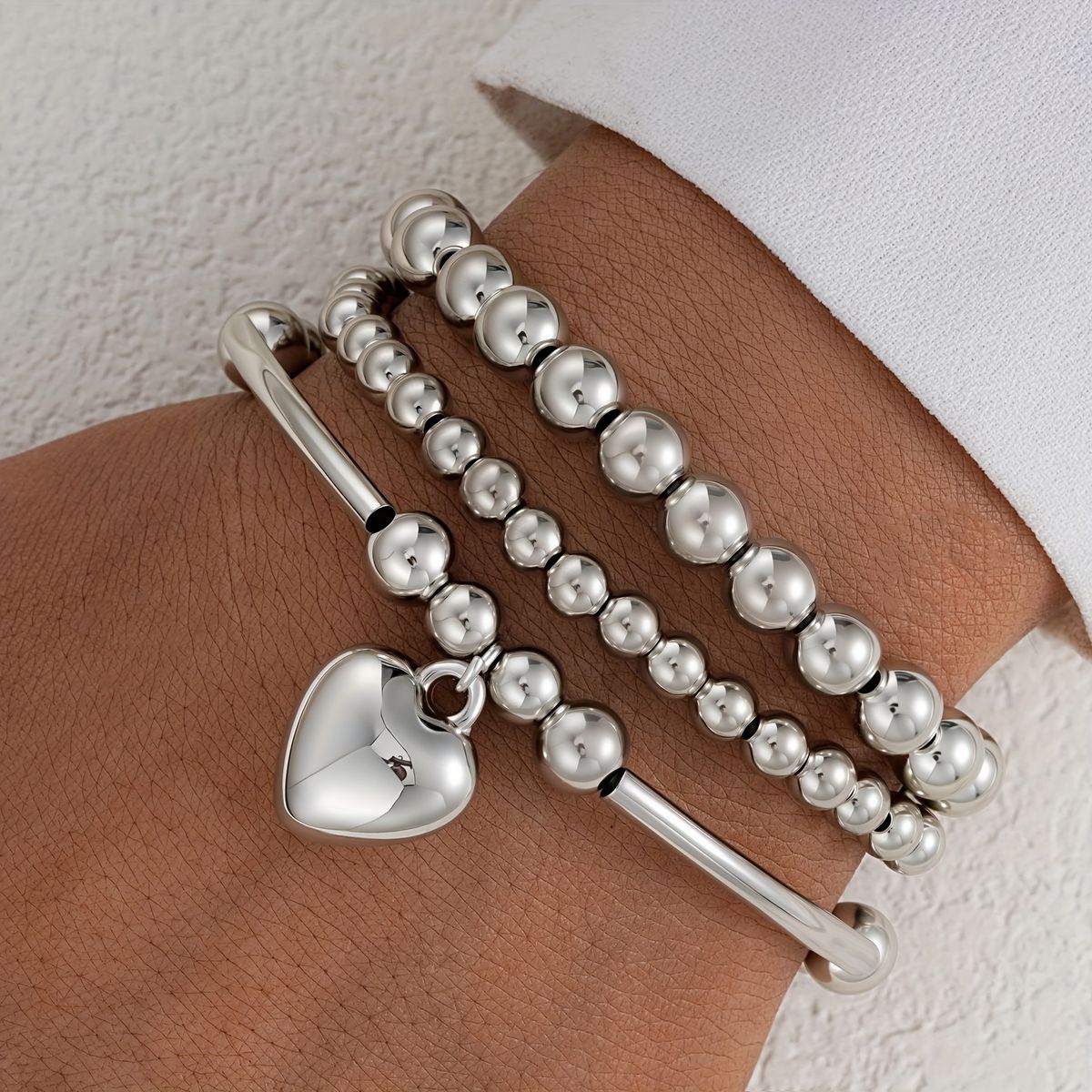 Set di braccialetti con perline in argento da donna, 3 pezzi, bracciale elastico semplice alla moda bohémien, bracciale con perline a tubo impilate, set di gioielli regalo_voghion.com