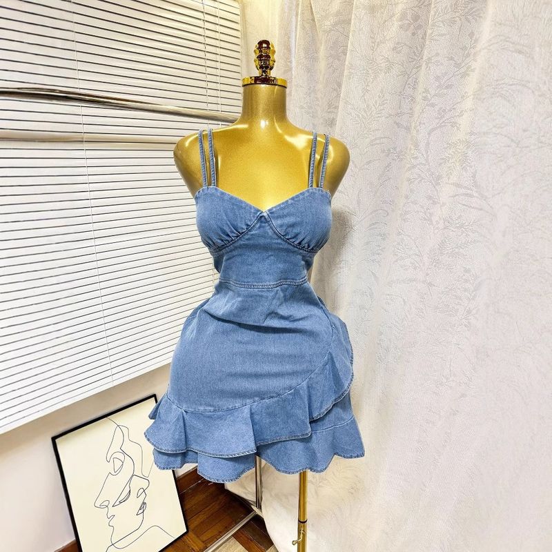 Women's Clothing Summer Elastic Waist Sexy Denim Suspender Dress Ruffled Hip Skirt Female_voghion.com