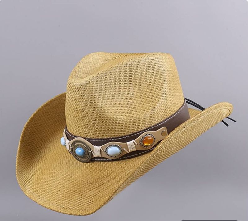 Neuer Sonnenschirm Western Cowboy Strohhut Outdoor Sonnencreme Radfahren Herren Reise Juwel Gürtel große Krempe Jazzhut_voghion.com