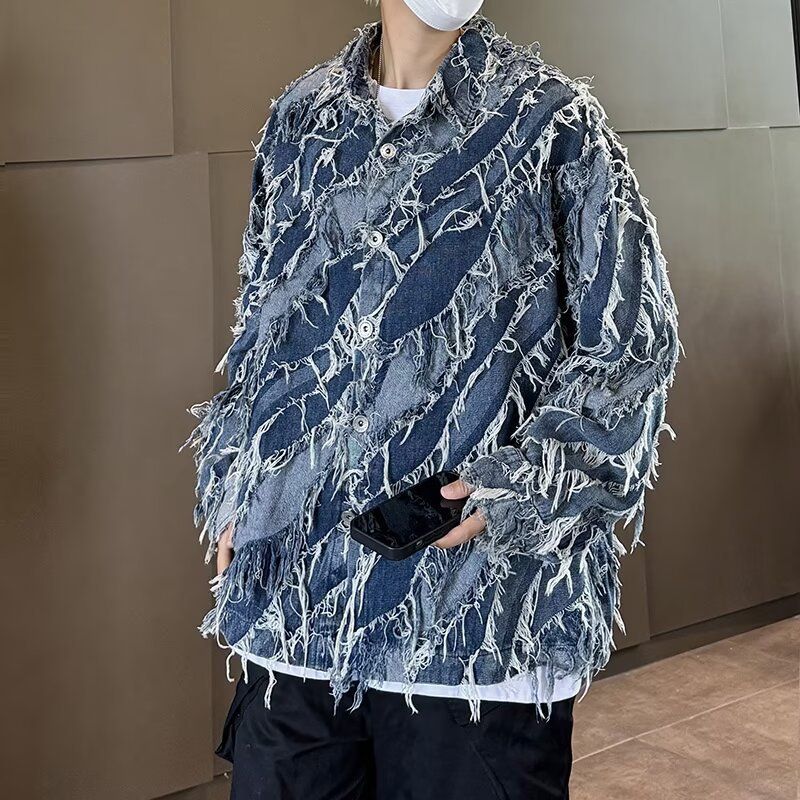 Herrenbekleidung Vintage Distressed Jeansjacke Übergroßer Streetwear-Mantel Ausgefranster Saum Seitentaschen High-Street-Mode Unisex Leichte Baumwollmischung_voghion.com
