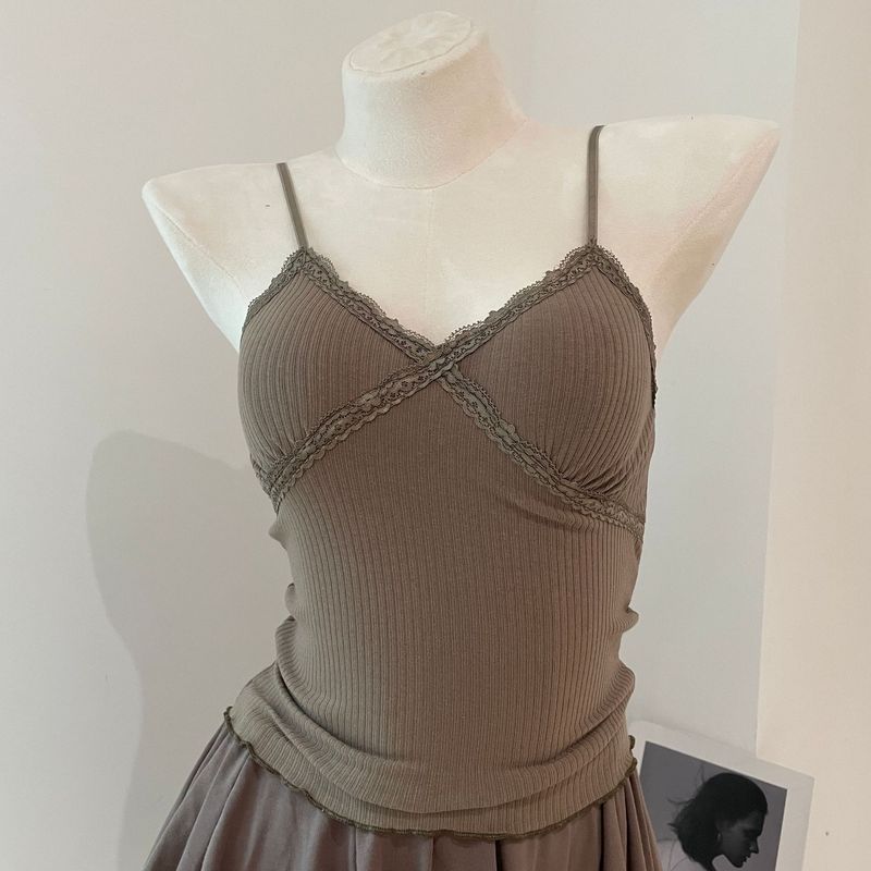Canotta con scollo a V e volant da donna, per l'estate, alla moda, senza maniche, in pizzo, vestibilità attillata._voghion.com