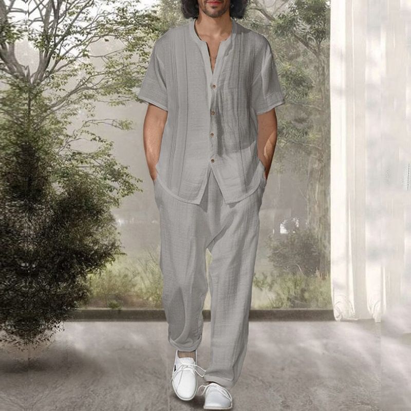 Men's Short-sleeved Shirt Casual Pants Two-piece Suit New Slim Trend Solid Color Men's Fashion Suit_voghion.com
