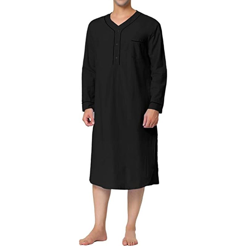 Man's clothing Muslim medium length comfortable loose solid color pajamas men's home dress nightdress_voghion.com