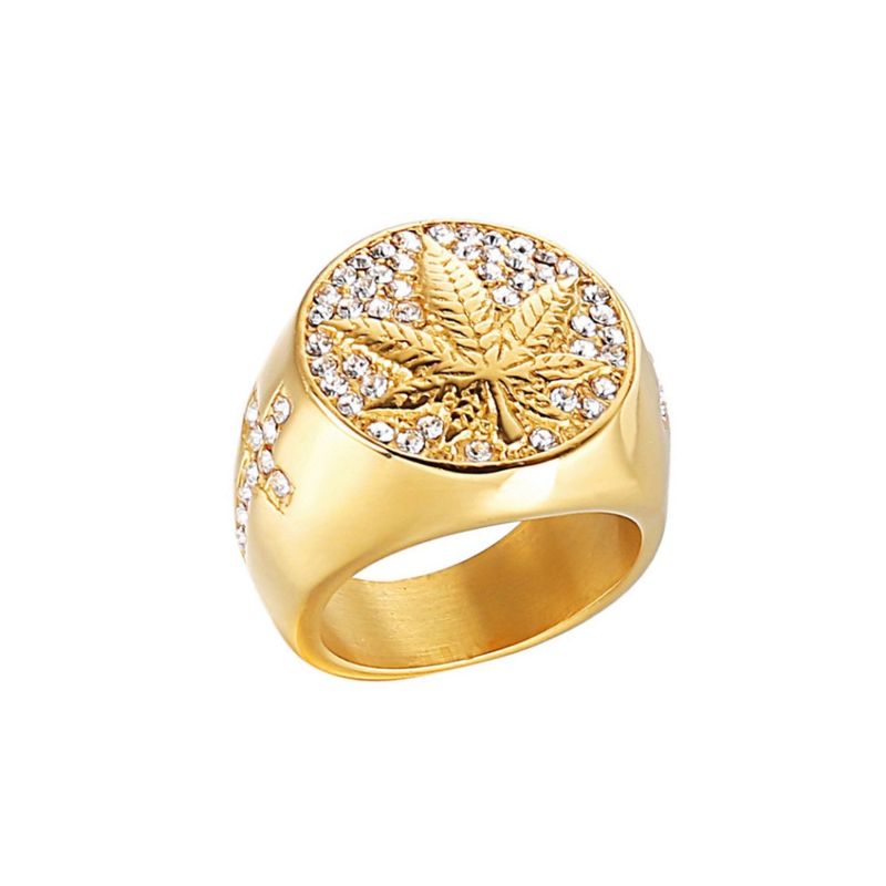 2025 Mode Gold Maple Leaf Full Diamond Herren Rap Hip-Hop Ring_voghion.com