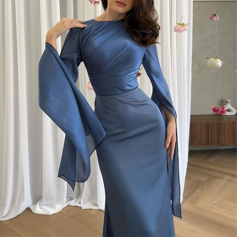 Damekjole med rund hals, langermet, slim fit, lett, luksuriøst, sexy, langt skjørt med høy midje_voghion.com