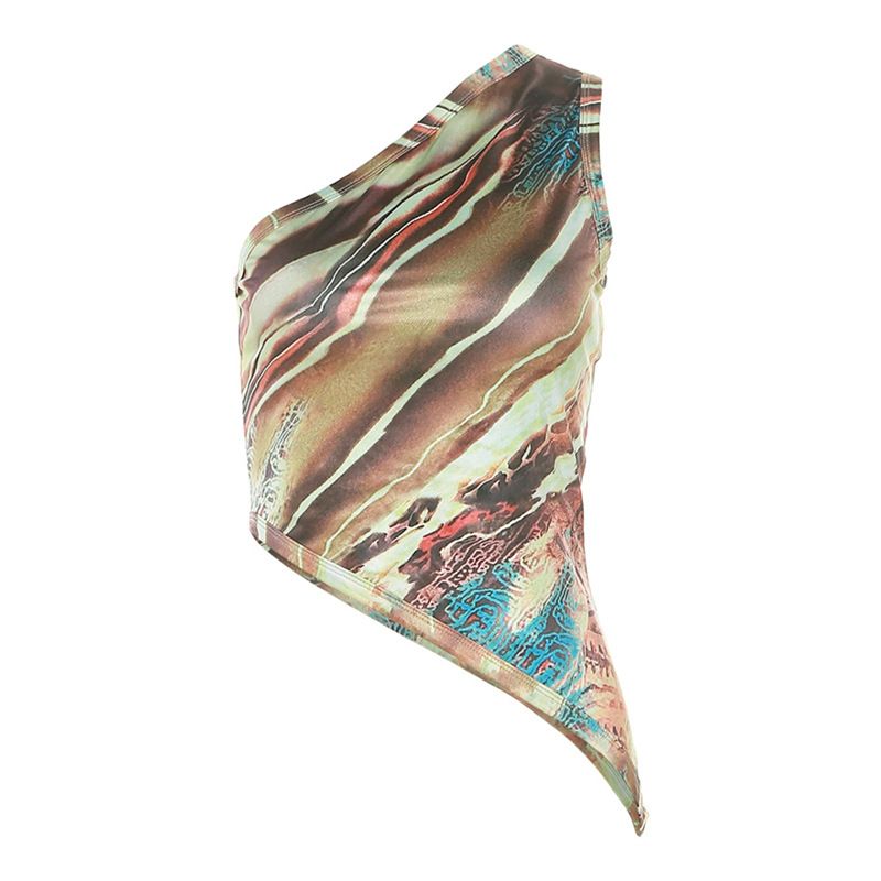 women's fashion printed one-shoulder sleeves and diagonal hem slim-fitting bottoming vest_voghion.com