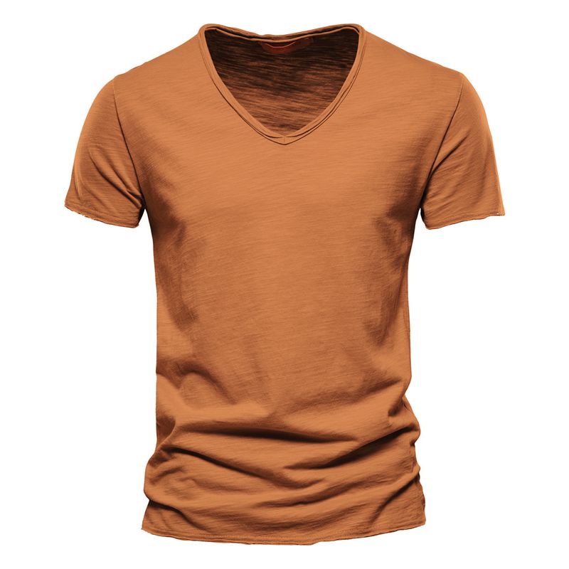 T-shirt moda casual in puro cotone tinta unita da uomo estivo con scollo a V in cotone con nodo in bambù e maniche corte_voghion.com