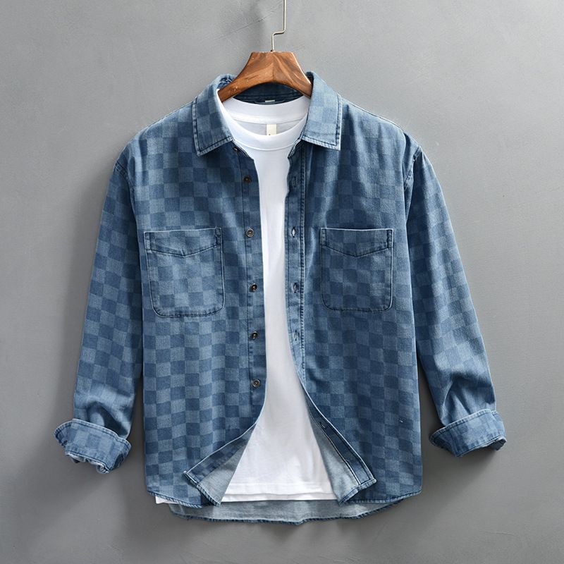 Men's Casual Checkered Denim Long Sleeved Shirt_voghion.com
