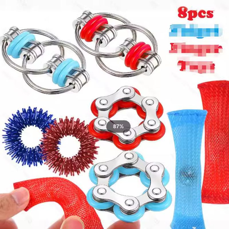 Stress Relief Toys 8pcs Unique Decompression Set Fidget Toy Network Management Fingertip Alloy Ring Keychain Decompression Toy_voghion.com