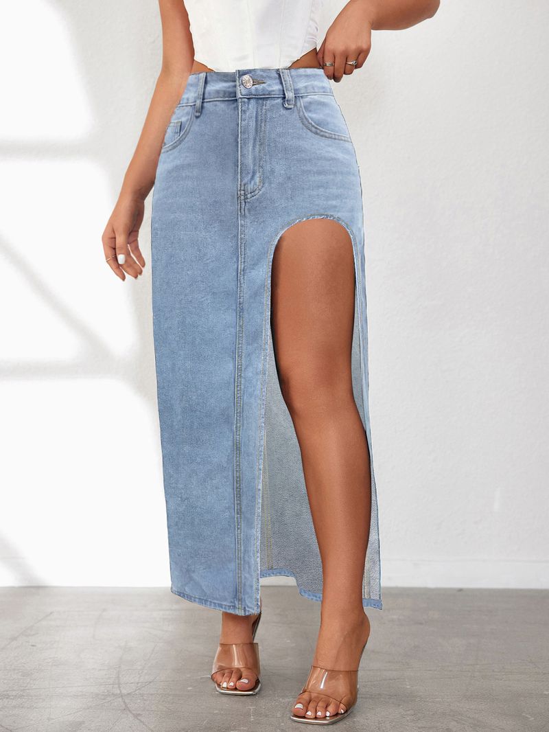 Women's Clothing Retro Denim A Line Skirt New Style Slit Denim Skirt Half Length Skirt Female Autumn And Winter Half Skirt High Waist Design_voghion.com