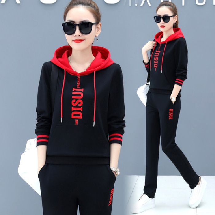 Conjunto feminino oversized com moletom e calça jogger – Poliéster leve, roupa de descanso estampada (M-3XL, Preto/Vermelho/Marrom)_voghion.com