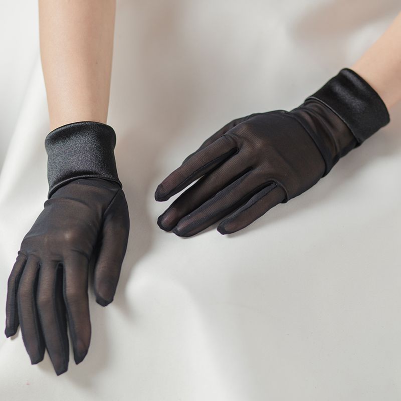 Wedding Lace Gloves bridal wedding dress gloves stretch satin simple black high elastic photo gloves_voghion.com