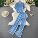 Women's Clothing Temperament Contrast Color Round Neck Short Sleeve Knitted Top Casual High Waist Slim Straight Wide Leg Pants Two Piece Set_voghion.com