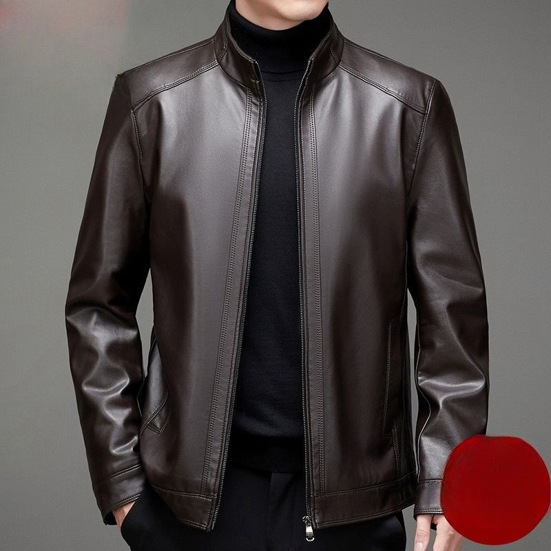 Giacca in pelle spessa foderata in pile per papà, cappotto invernale da uomo per uomini di mezza età e anziani, giacca in pelle con collo alto per il calore invernale del nonno_voghion.com