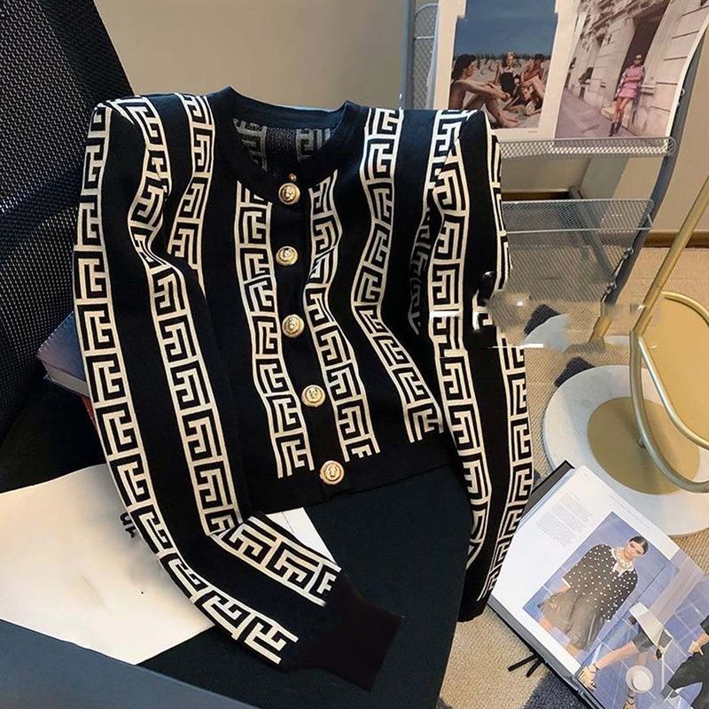 Női ruházat kontrasztos színű jacquard aranygombos kötött kardigán_voghion.com
